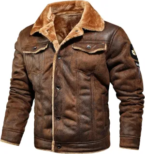 Men's Lambskin Leather Motorcycle Jacket Sherpa Fleece Lined Lapel Trucker Jackets Winter Thicken Warm Coat with Fur Collar
