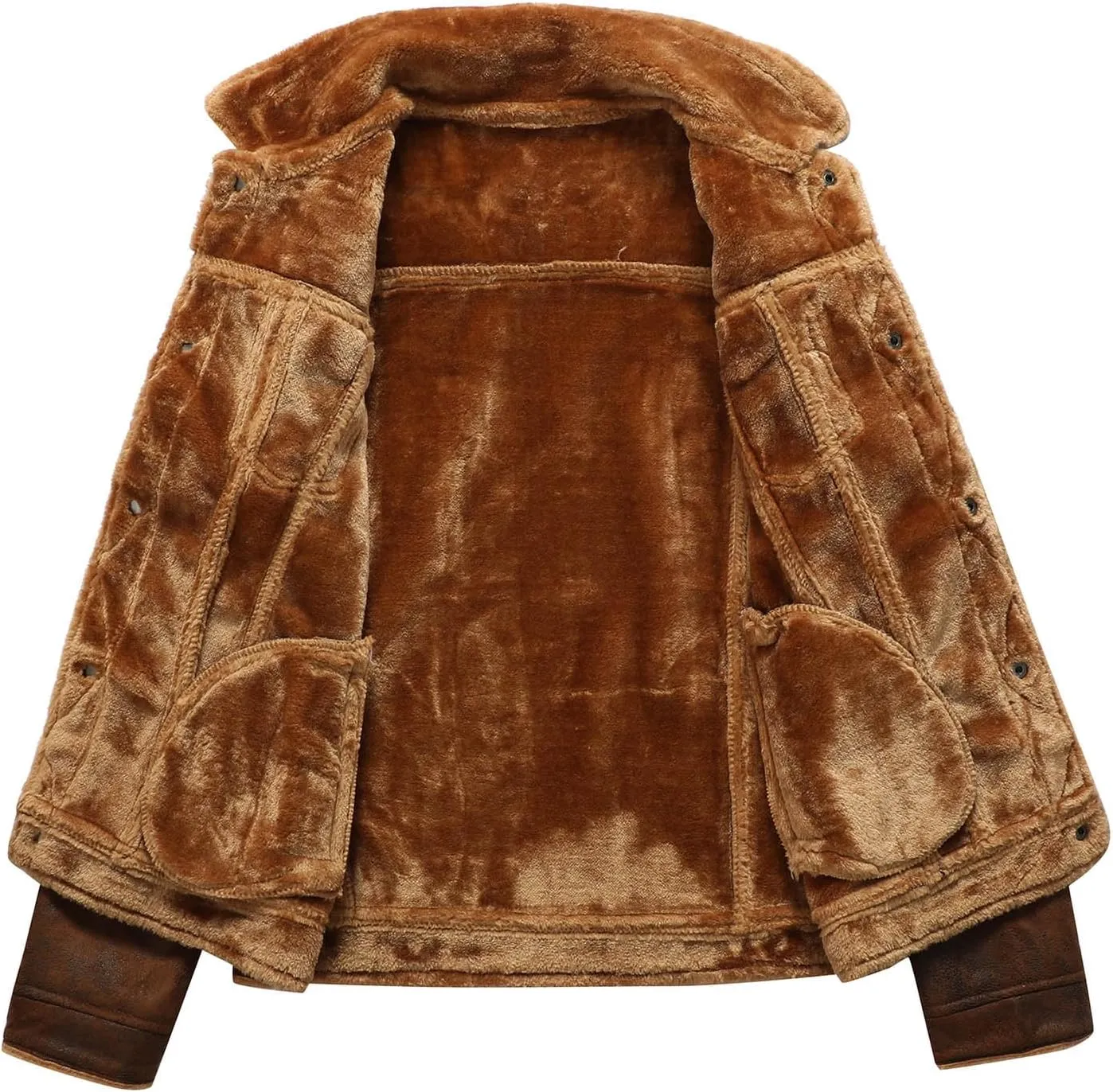 Men's Lambskin Leather Motorcycle Jacket Sherpa Fleece Lined Lapel Trucker Jackets Winter Thicken Warm Coat with Fur Collar