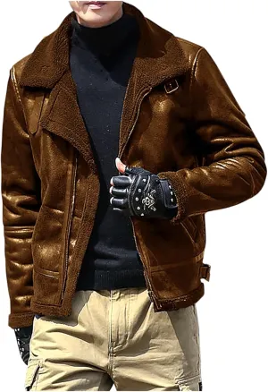 Men's Leather Cotton Cargo Jacket Winter Sherpa Fleece Lined Work Jacket Coats Lapel Collar Motorcycle Classic Jackets