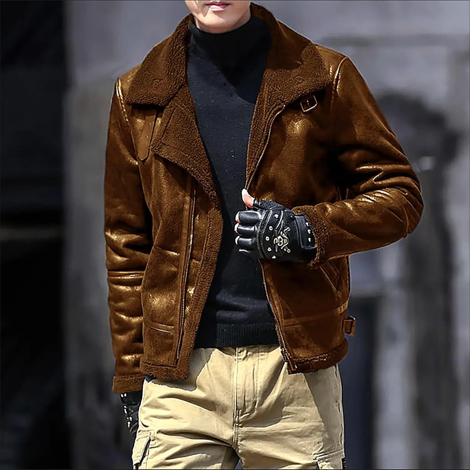 Men's Leather Cotton Cargo Jacket Winter Sherpa Fleece Lined Work Jacket Coats Lapel Collar Motorcycle Classic Jackets