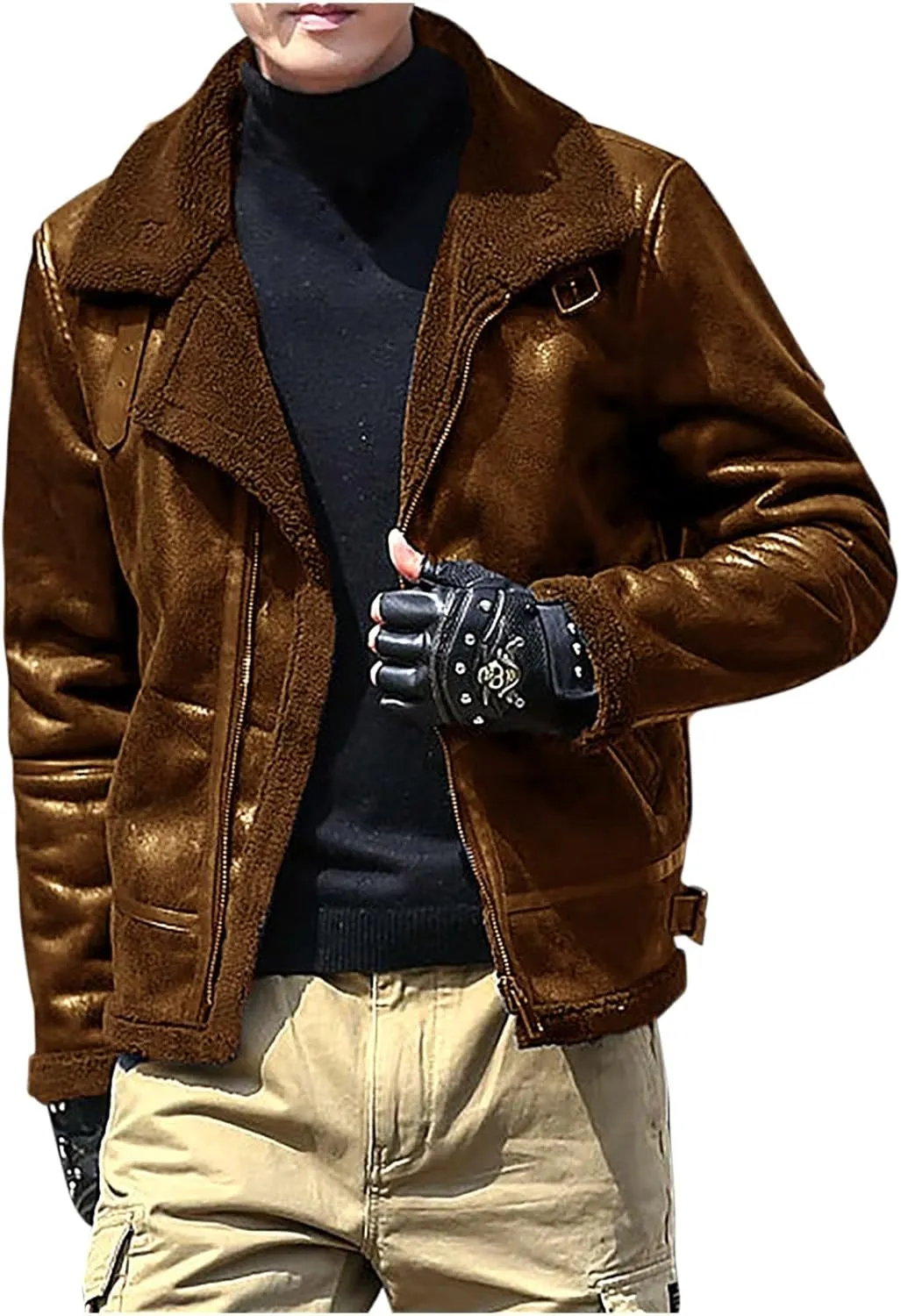 Men's Leather Cotton Cargo Jacket Winter Sherpa Fleece Lined Work Jacket Coats Lapel Collar Motorcycle Classic Jackets