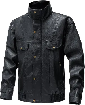 Men's Long Sleeve Biker Stand Collar Leather Jacket Motorcycle Lightweight Faux Leather Windproof Waterproof Outwear