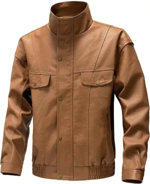 Men's Long Sleeve Biker Stand Collar Leather Jacket Motorcycle Lightweight Faux Leather Windproof Waterproof Outwear