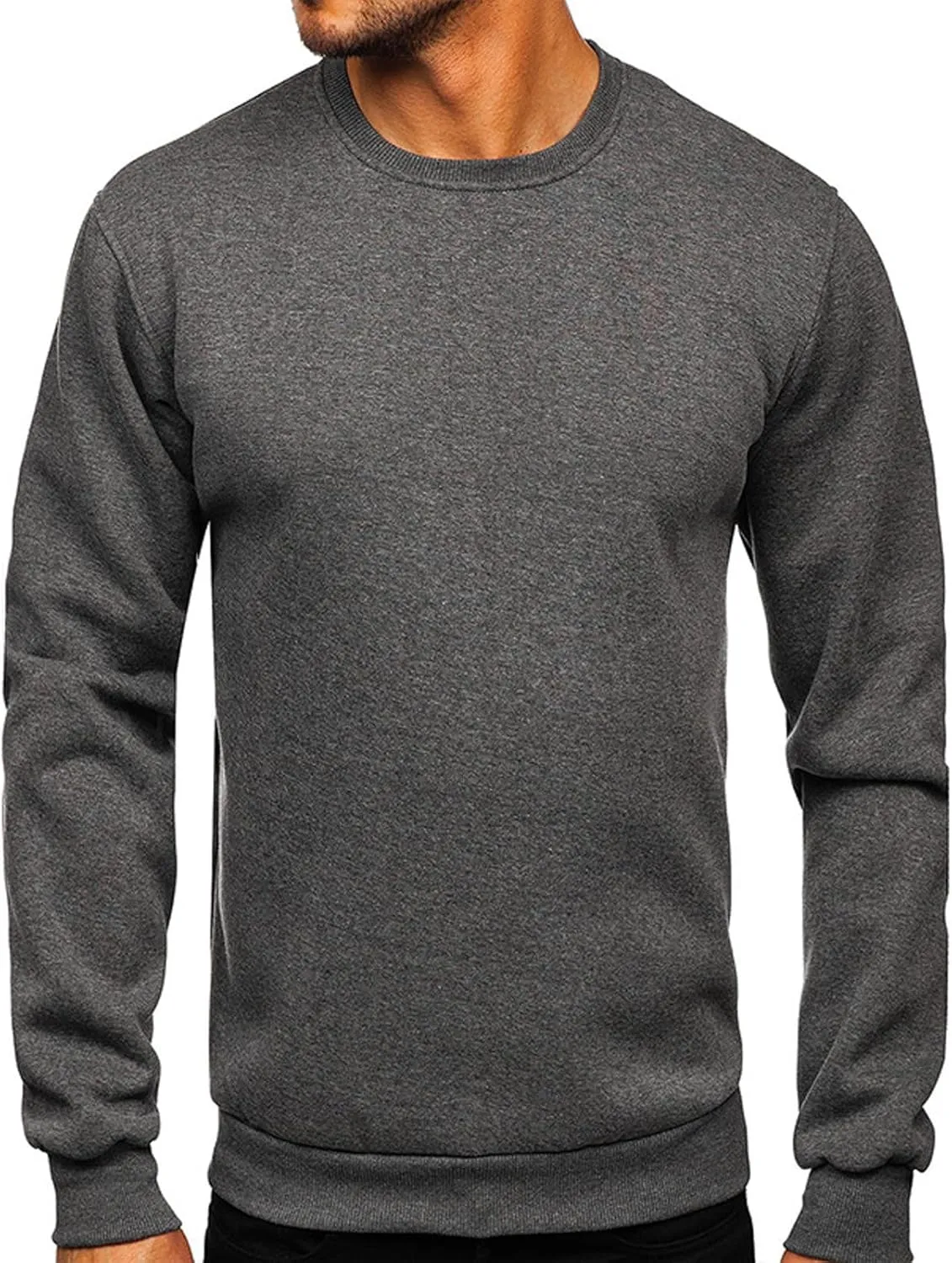 Mens Long Sleeve Round Neck Tops Solid Sweatshirts Pullover Sweatshirt Fall Winter Warm Fleece Sweatshirt Tops