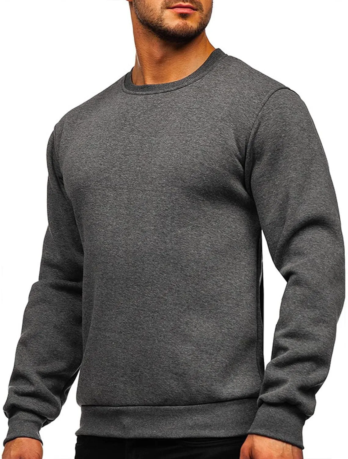 Mens Long Sleeve Round Neck Tops Solid Sweatshirts Pullover Sweatshirt Fall Winter Warm Fleece Sweatshirt Tops
