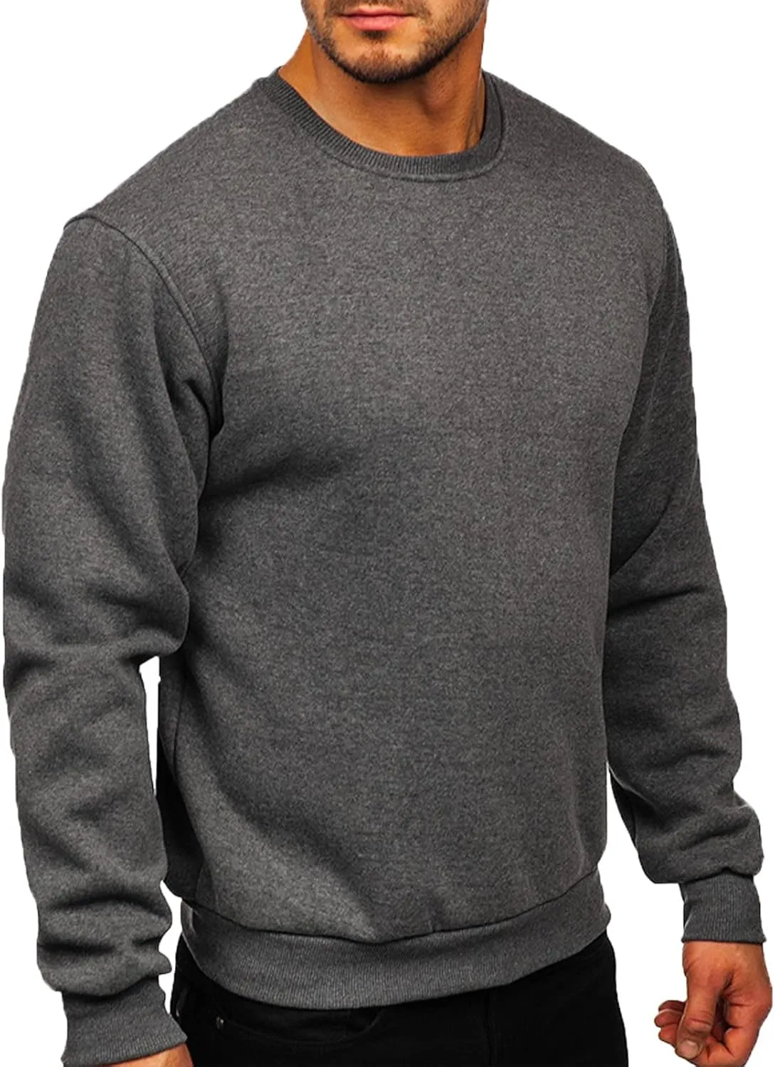 Mens Long Sleeve Round Neck Tops Solid Sweatshirts Pullover Sweatshirt Fall Winter Warm Fleece Sweatshirt Tops