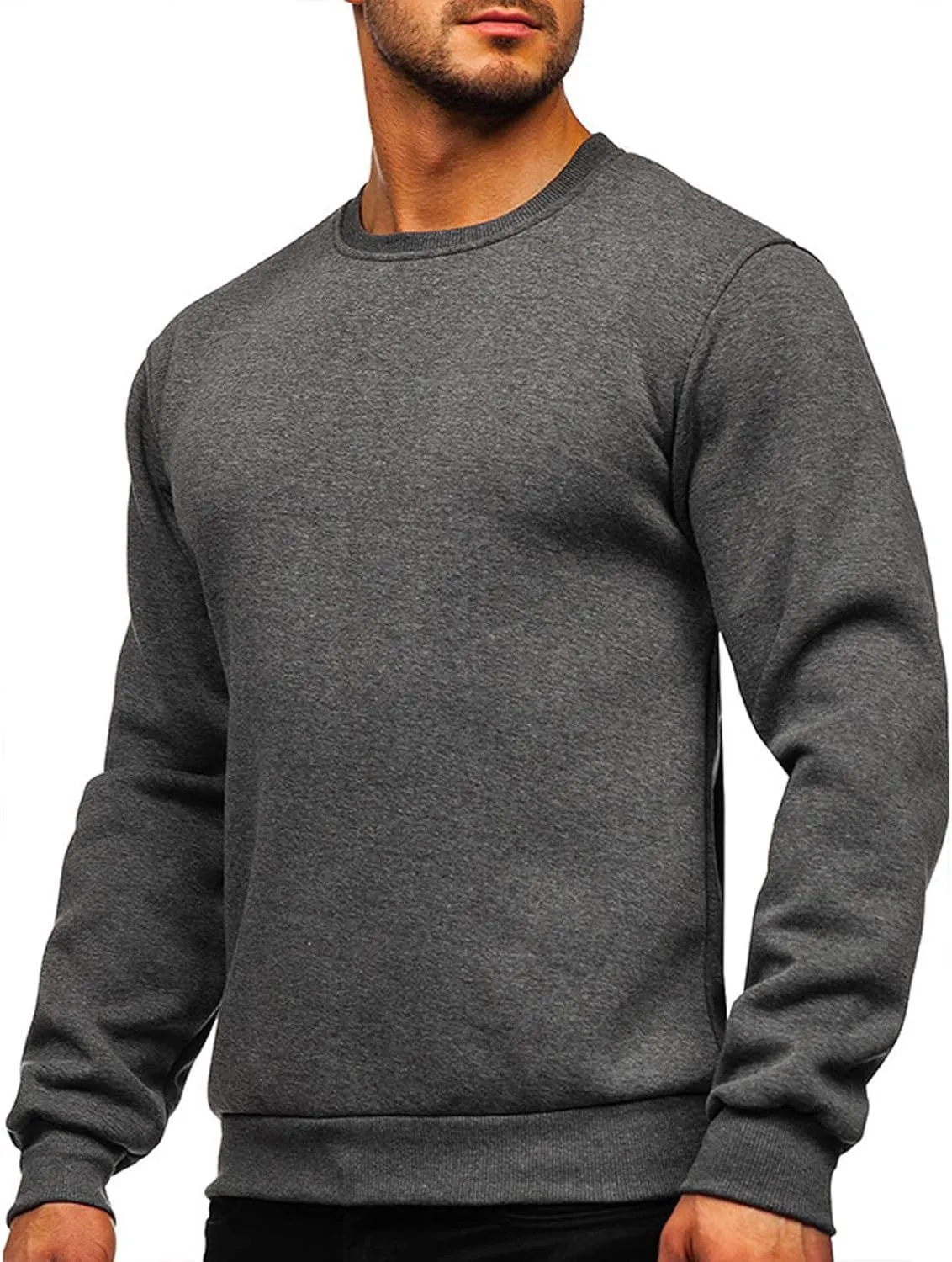 Mens Long Sleeve Round Neck Tops Solid Sweatshirts Pullover Sweatshirt Fall Winter Warm Fleece Sweatshirt Tops
