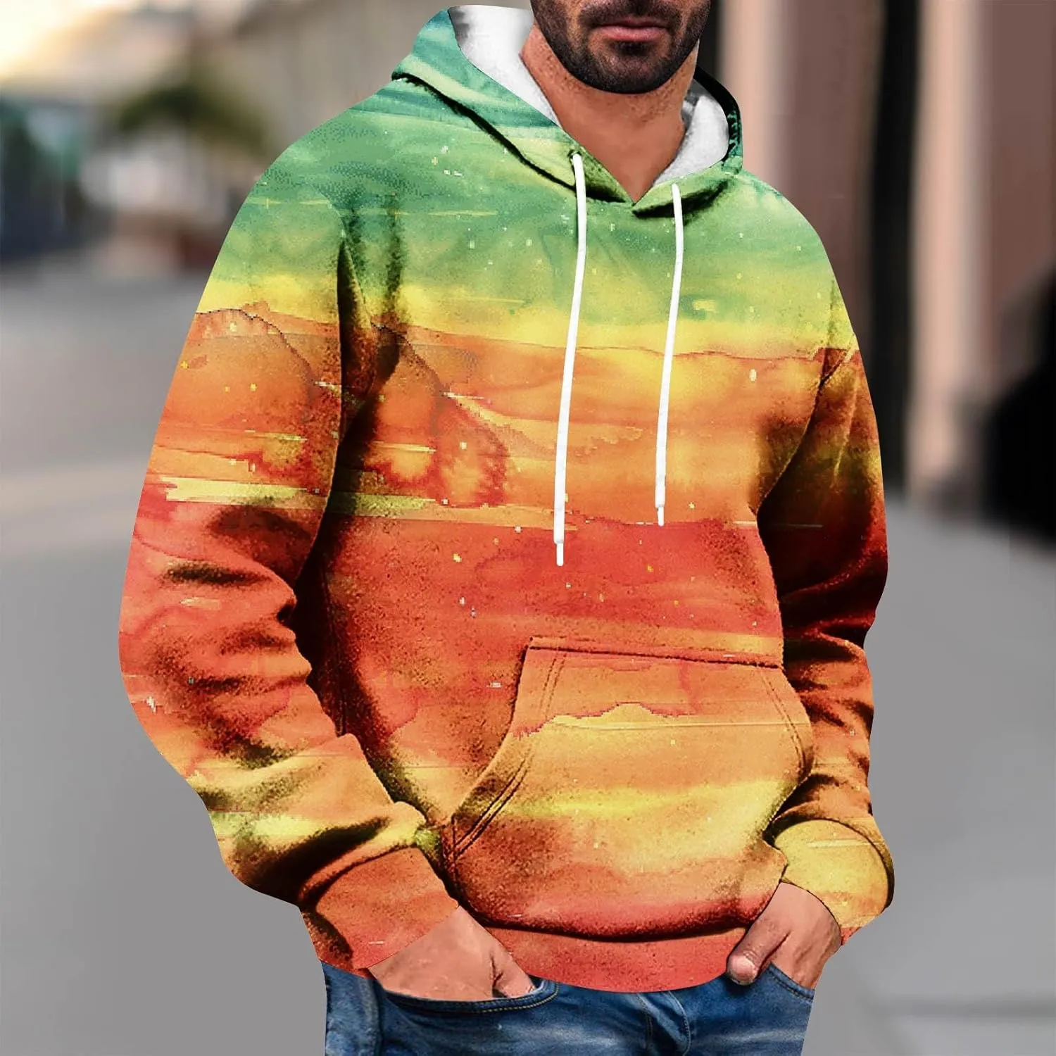 Men's Loose Long Sleeve Hoodies Sweatshirt Gradient Printed Hooded Sweatshirts Pocket Fall Winter Warm Pullover Tops