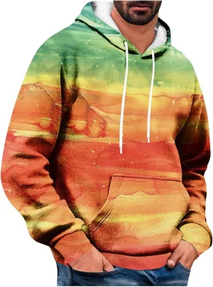 Men's Loose Long Sleeve Hoodies Sweatshirt Gradient Printed Hooded Sweatshirts Pocket Fall Winter Warm Pullover Tops