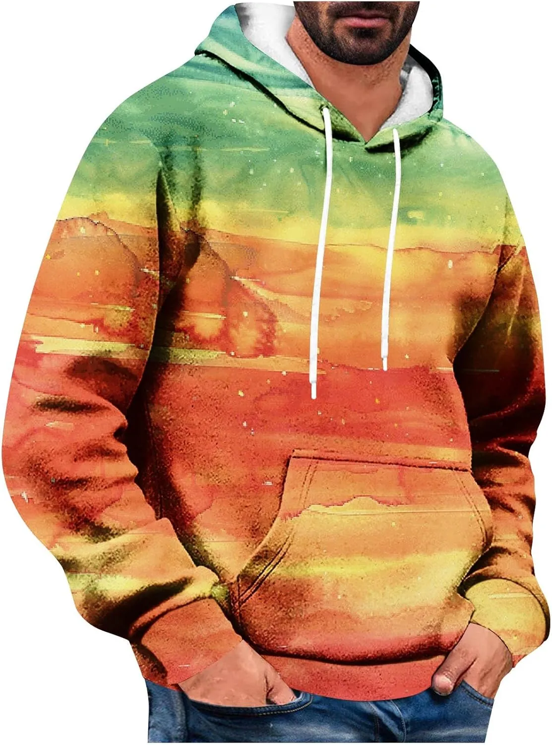 Men's Loose Long Sleeve Hoodies Sweatshirt Gradient Printed Hooded Sweatshirts Pocket Fall Winter Warm Pullover Tops