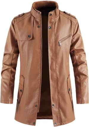 Men's Mid-Length Faux Leather Jacket Waterproof Windbreaker Trench Coat Motorcycle Biker Jacket with Stand Collar
