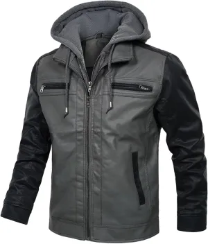 Men's Motorcycle Hooded Jacket Casual Trend Cowhide PU Leather Casual Stand Collar Zip-Up Bomber Jacket With a Hood