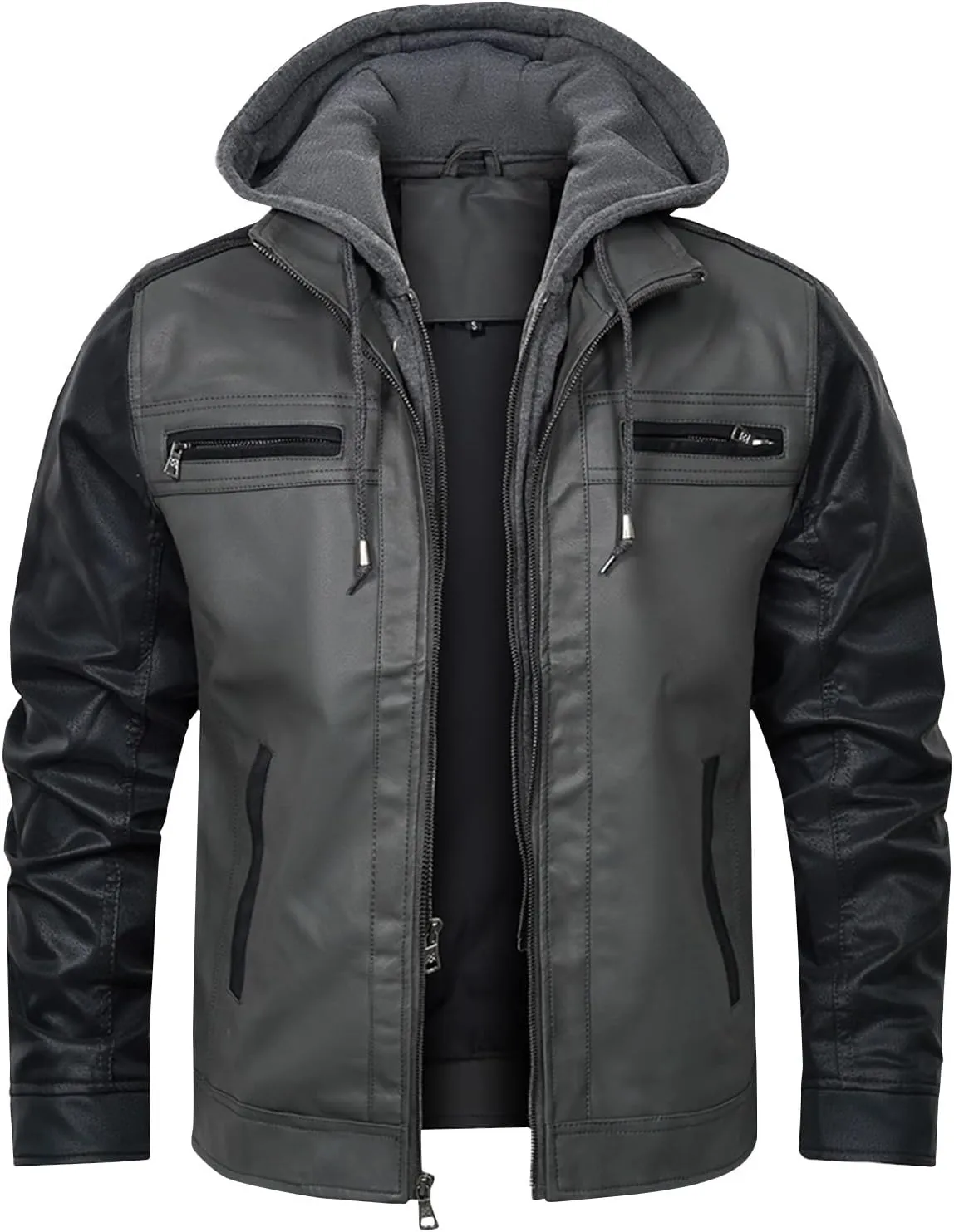 Men's Motorcycle Hooded Jacket Casual Trend Cowhide PU Leather Casual Stand Collar Zip-Up Bomber Jacket With a Hood