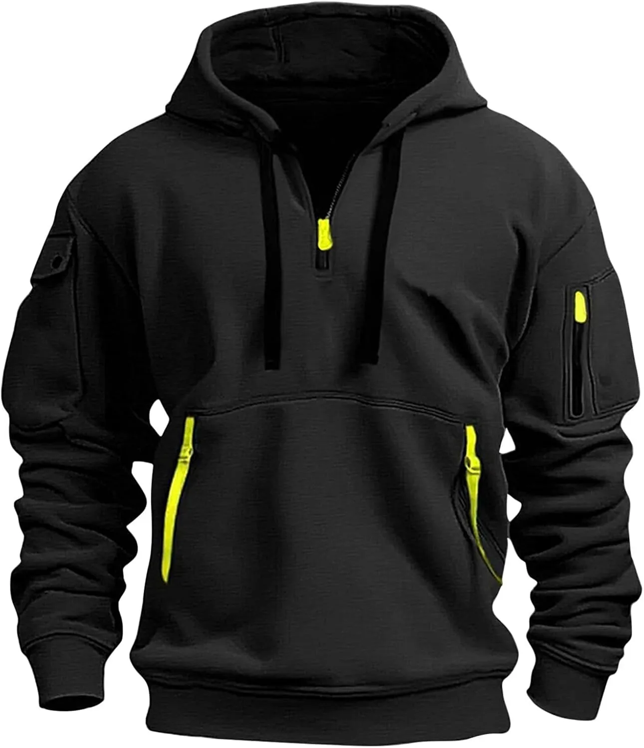 Mens Oversized Tactical Hoodie Fleece Quarter Zip Pullover Warm Work Hoodie Zip Pockets Plus Size Hooded Sweatshirt
