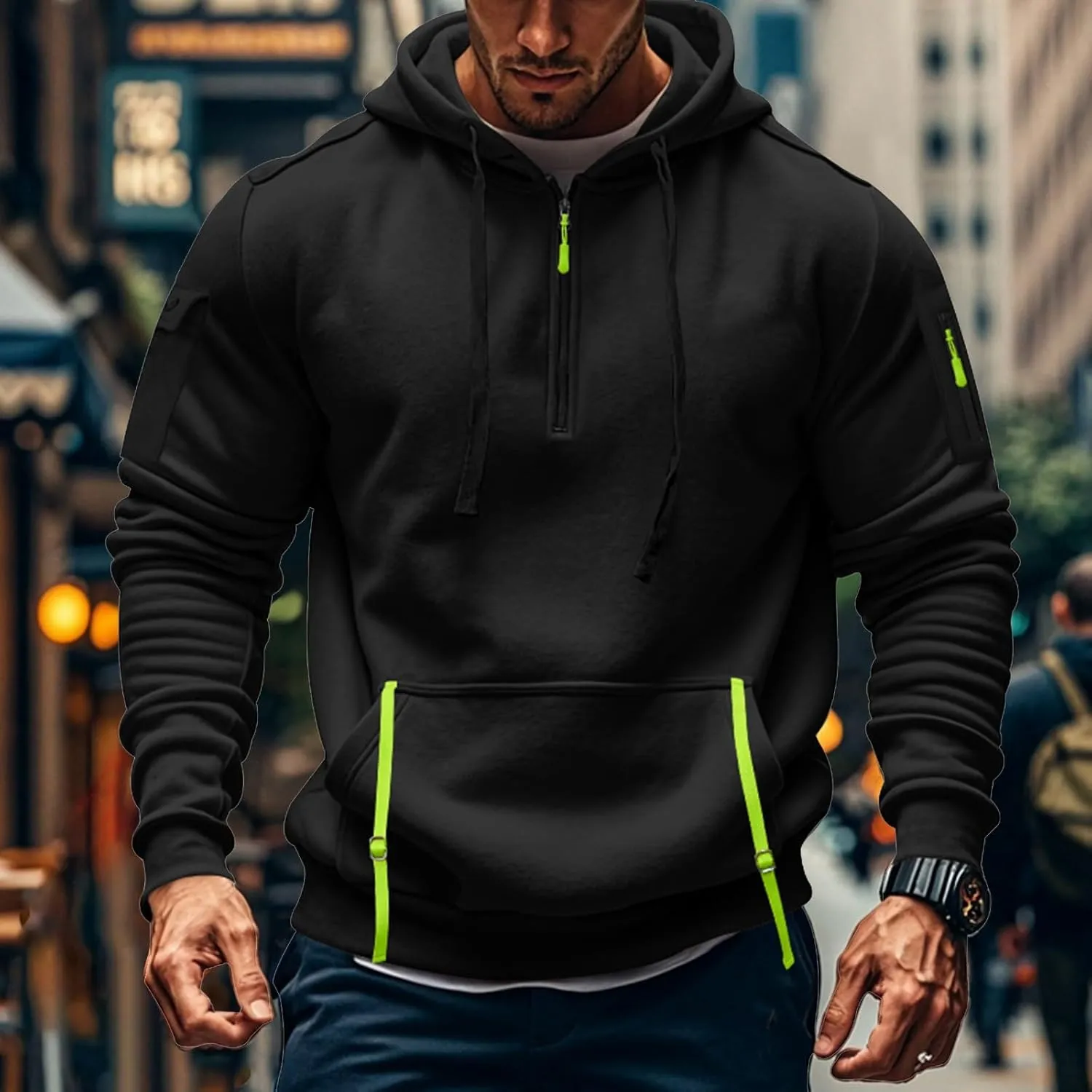 Mens Oversized Tactical Hoodie Fleece Quarter Zip Pullover Warm Work Hoodie Zip Pockets Plus Size Hooded Sweatshirt