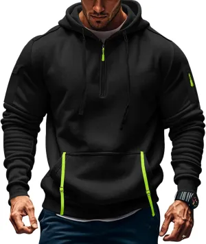 Mens Oversized Tactical Hoodie Fleece Quarter Zip Pullover Warm Work Hoodie Zip Pockets Plus Size Hooded Sweatshirt