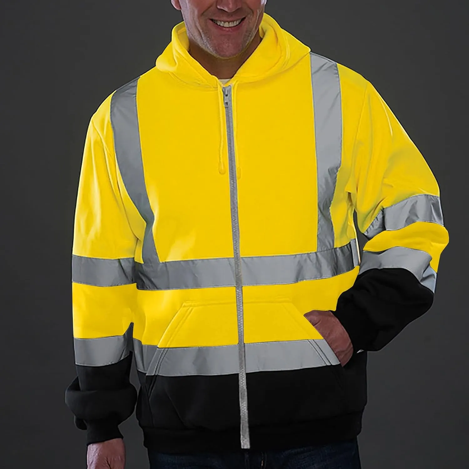 Mens Safety Fleece Hoodie Jacket High Visibility Full Zip Sweatshirt Reflective Work Utility Hooded Tops with Pocket