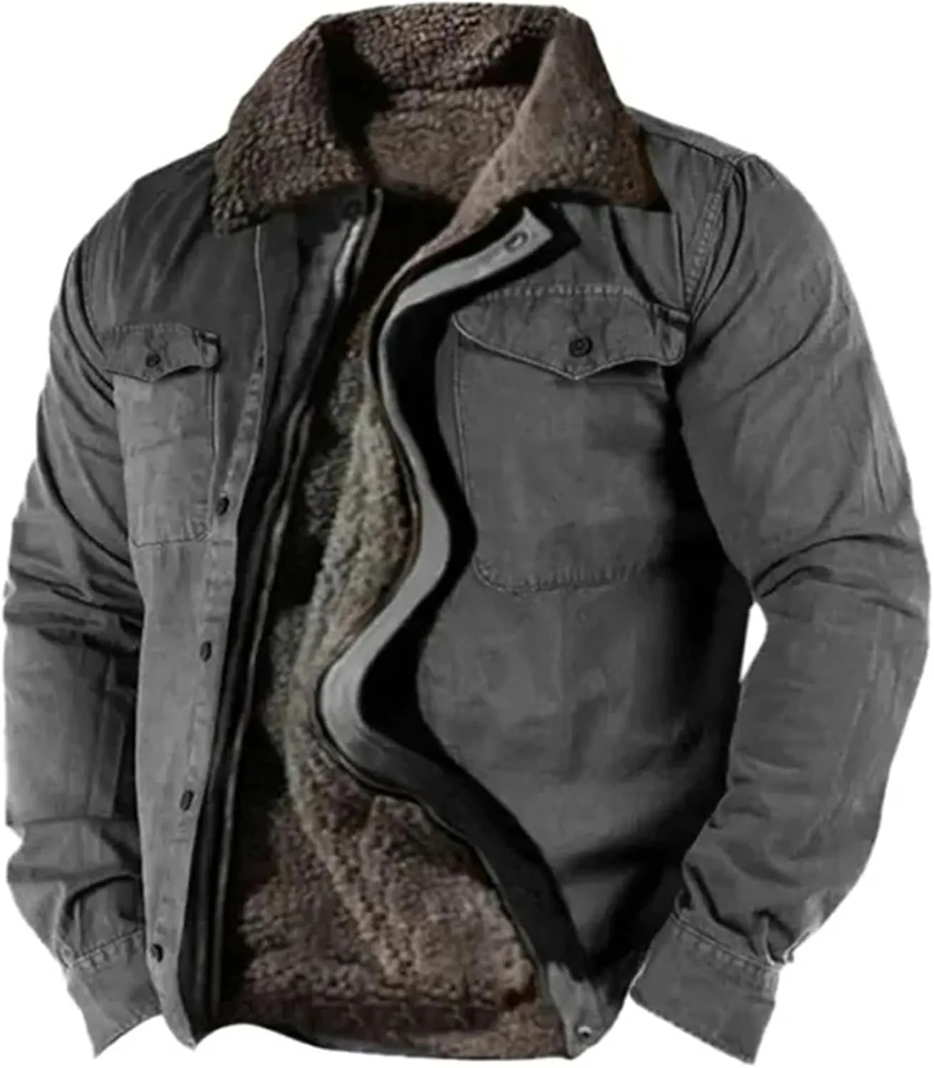 Mens Sherpa Jacket Fleece Line Western Plaid Flannel Zip Up Thickened Thermal Construction for Seeking Heavyweight