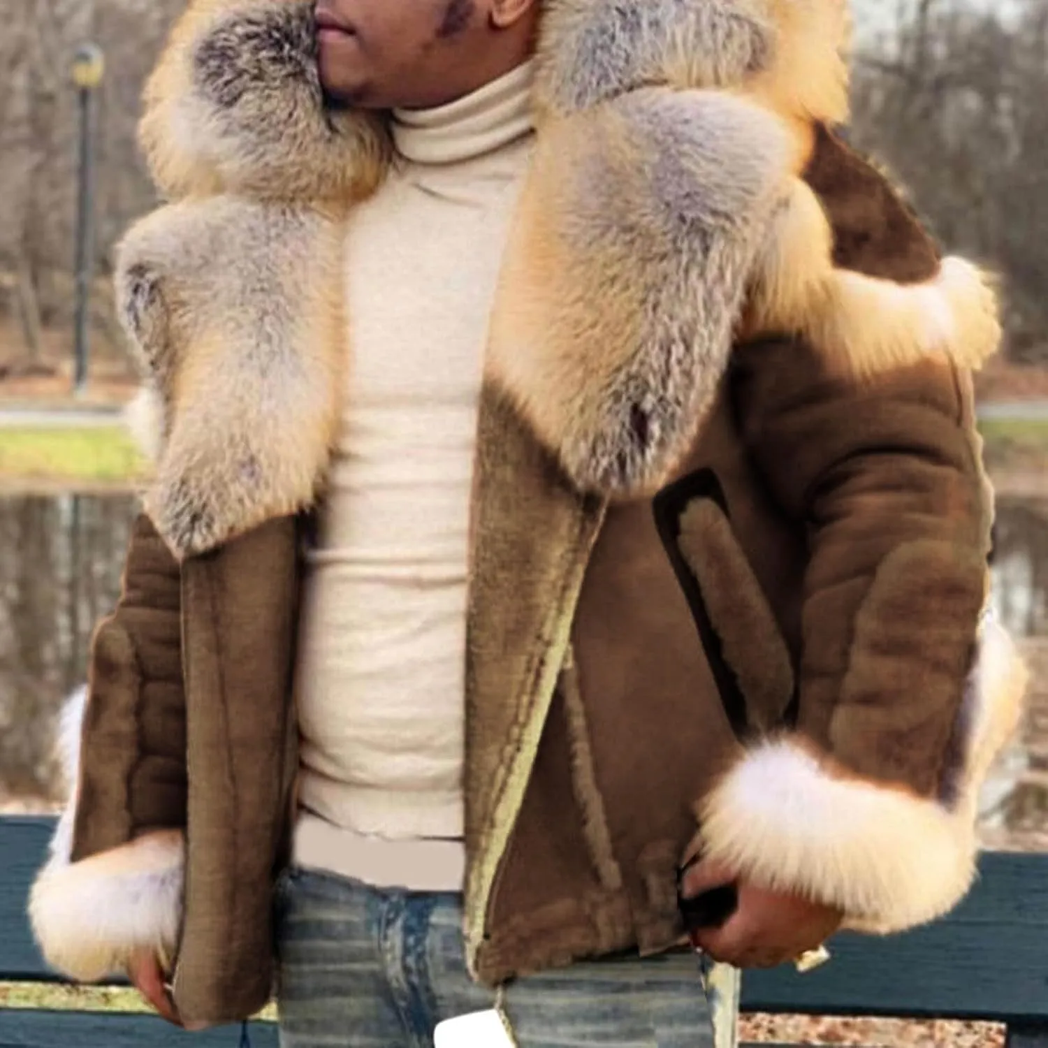 Mens Sherpa Lined Bomber Jacket with Fur Collar Heavyweight Bomber Jackets Big and Tall Warm Winter Coat Thick Parka