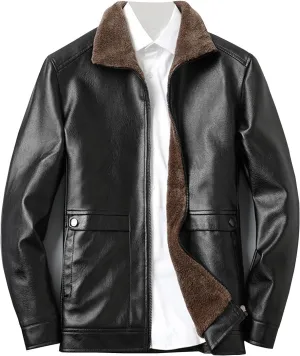 Men's Sherpa Lined Faux Leather Jacket Lapel Collar Long Sleeved Fleece Bomber Jackets Trucker Winter Coats Outerwear