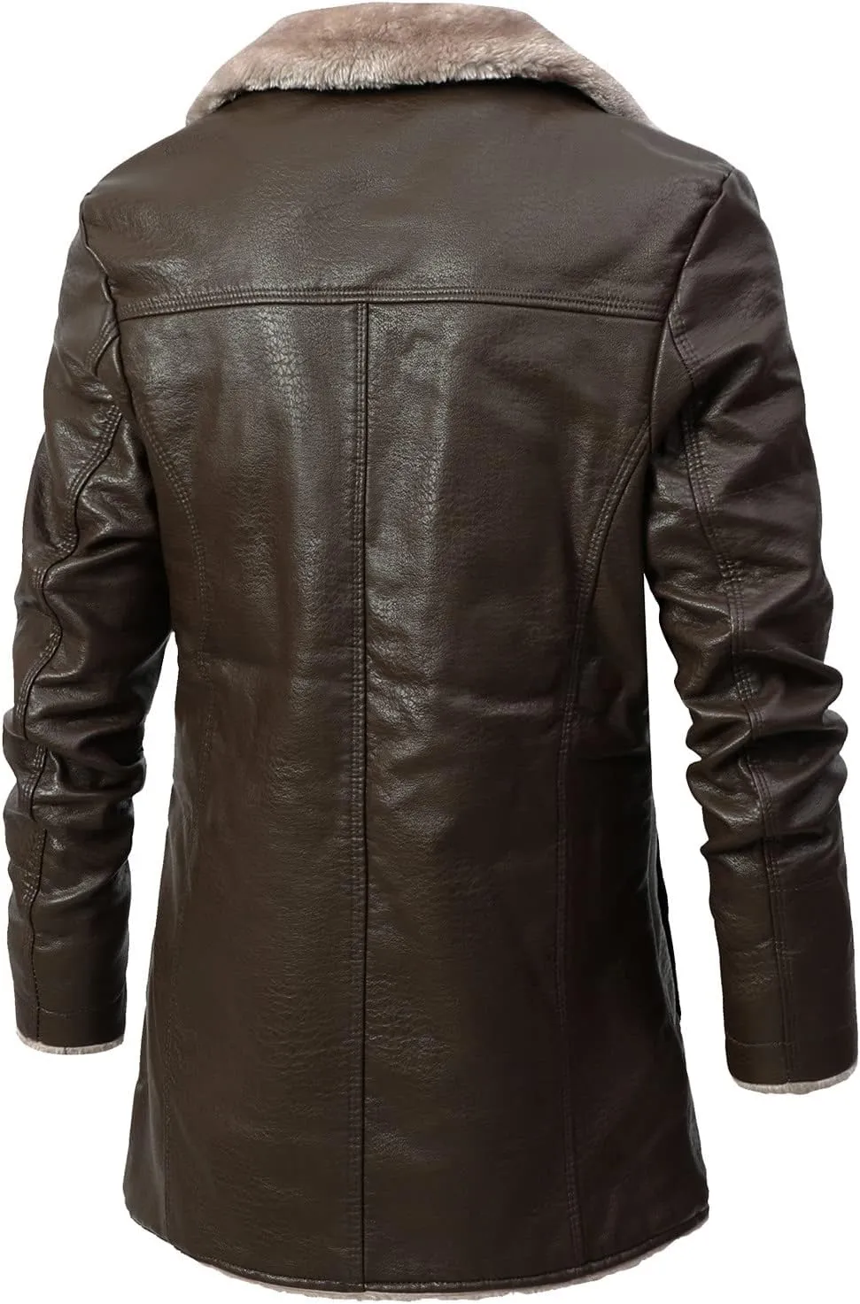 Men's Sherpa Lined Jacket Thicken Faux Leather Turndown Long Sleeve Leather Coat Winter Heavyweight Plush Trench