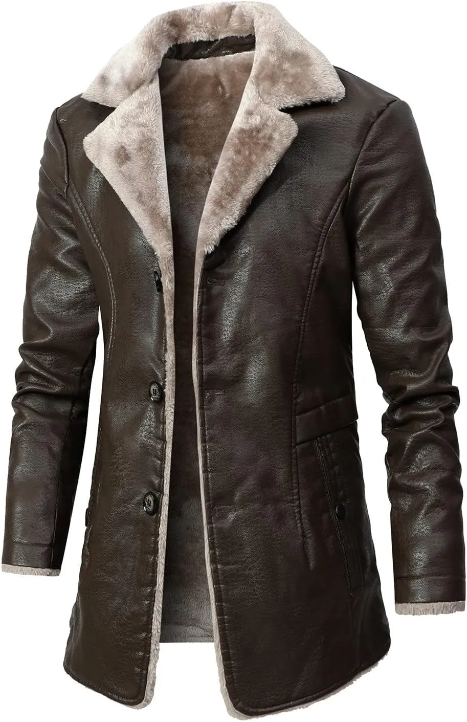 Men's Sherpa Lined Jacket Thicken Faux Leather Turndown Long Sleeve Leather Coat Winter Heavyweight Plush Trench