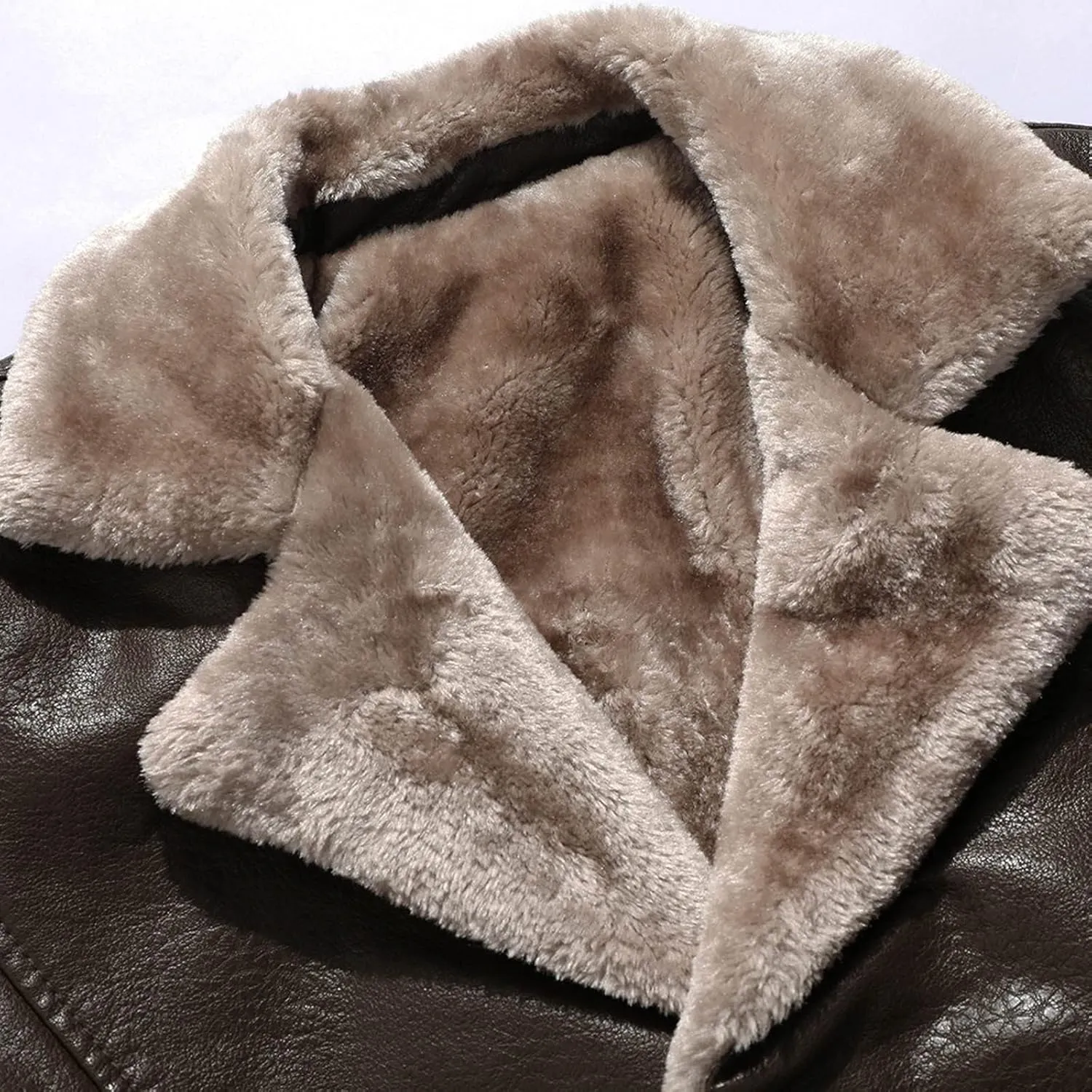 Men's Sherpa Lined Jacket Thicken Faux Leather Turndown Long Sleeve Leather Coat Winter Heavyweight Plush Trench