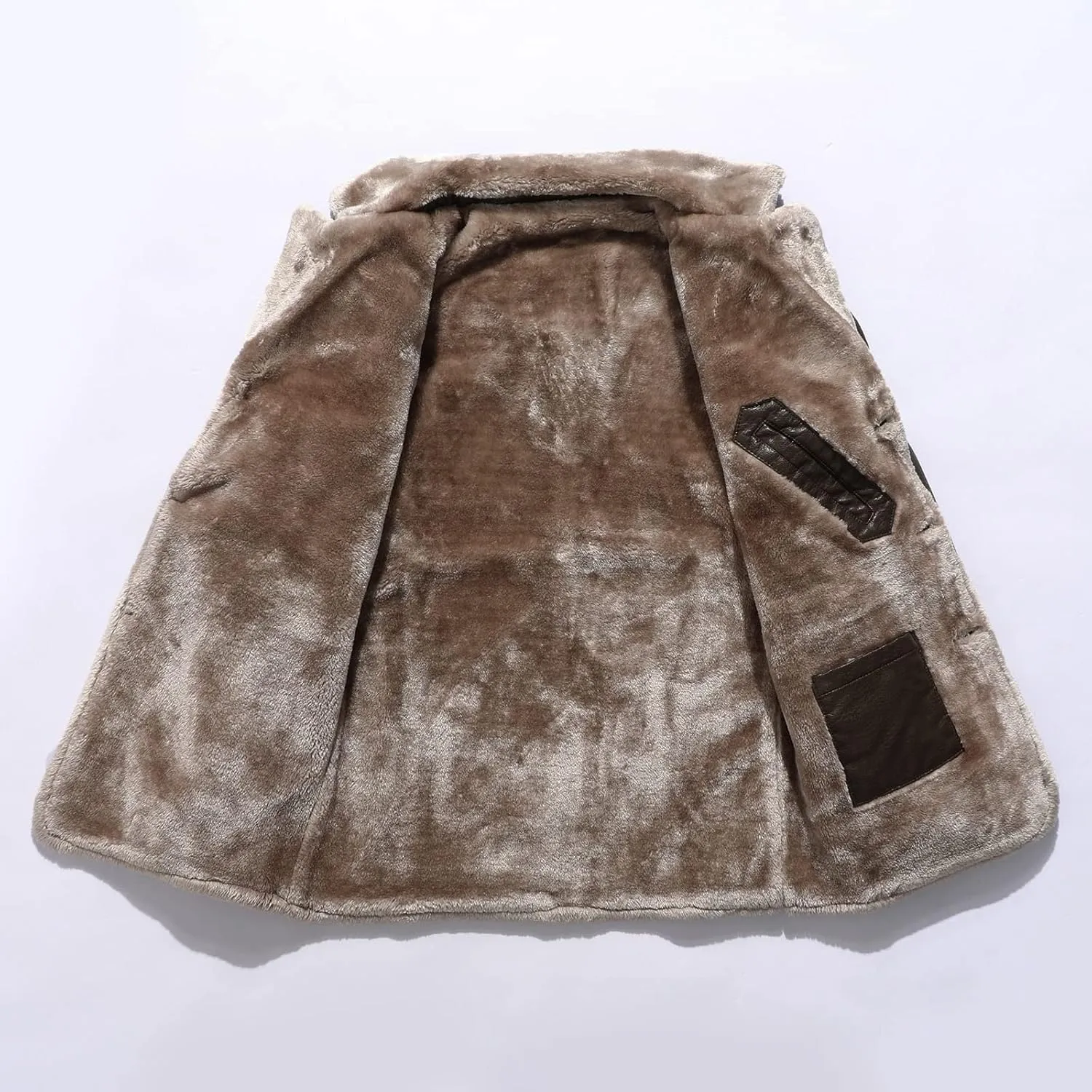 Men's Sherpa Lined Jacket Thicken Faux Leather Turndown Long Sleeve Leather Coat Winter Heavyweight Plush Trench