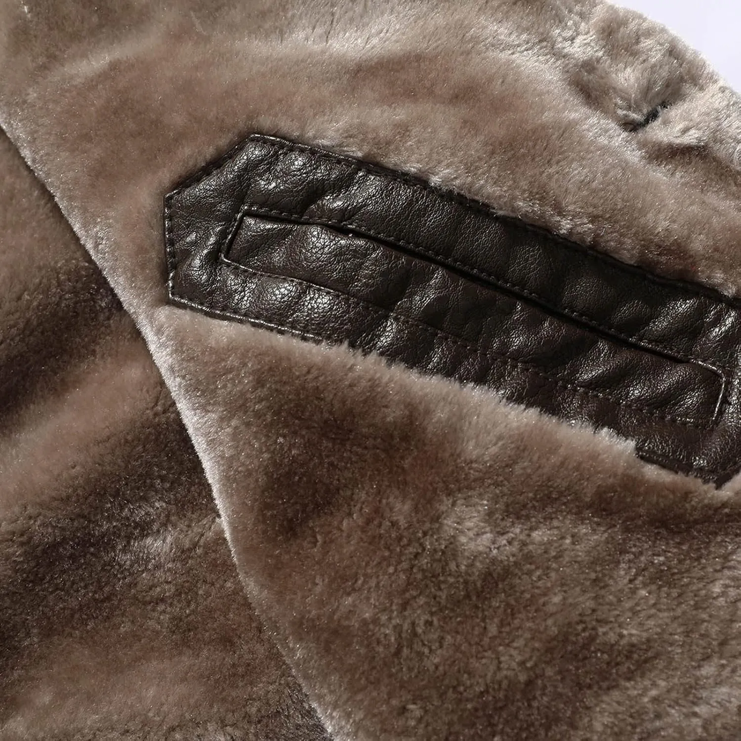 Men's Sherpa Lined Jacket Thicken Faux Leather Turndown Long Sleeve Leather Coat Winter Heavyweight Plush Trench