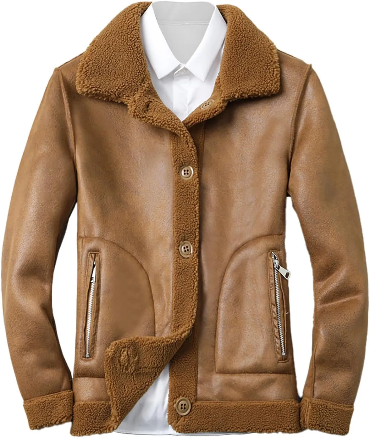 Men's Sherpa Lined Leather Jacket Button Down Lapel Collar Fleece Fuzzy Bomber Faux Leather Jacket Warm Winter Coats