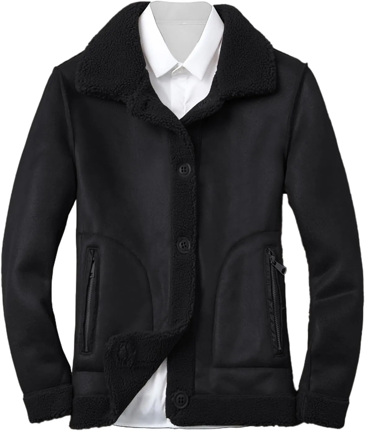 Men's Sherpa Lined Leather Jacket Button Down Lapel Collar Fleece Fuzzy Bomber Faux Leather Jacket Warm Winter Coats