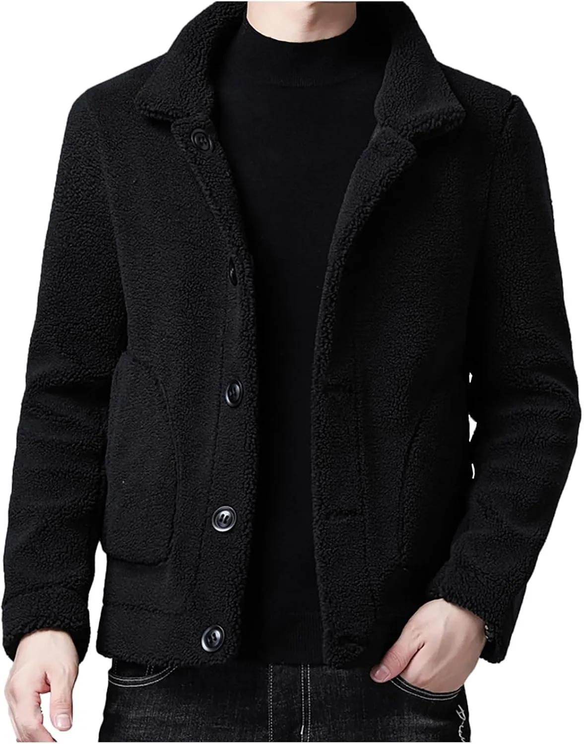Men's Sherpa Lined Leather Jacket Button Down Lapel Collar Fleece Fuzzy Bomber Faux Leather Jacket Warm Winter Coats