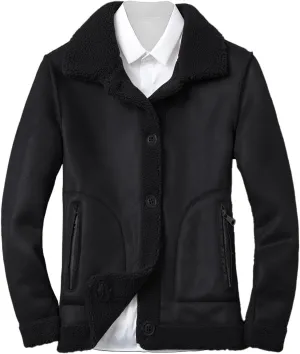Men's Sherpa Lined Leather Jacket Button Down Lapel Collar Fleece Fuzzy Bomber Faux Leather Jacket Warm Winter Coats