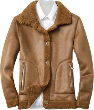 Men's Sherpa Lined Leather Jacket Button Down Lapel Collar Fleece Fuzzy Bomber Faux Leather Jacket Warm Winter Coats
