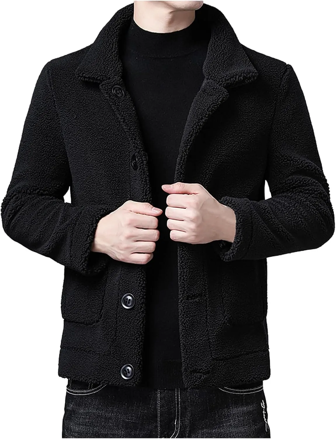 Men's Sherpa Lined Leather Jacket Button Down Lapel Collar Fleece Fuzzy Bomber Faux Leather Jacket Warm Winter Coats