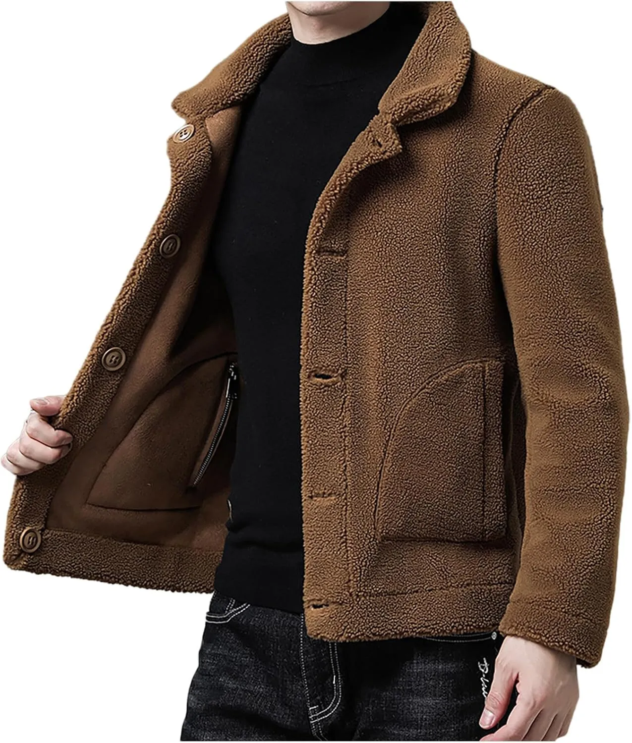 Men's Sherpa Lined Leather Jacket Button Down Lapel Collar Fleece Fuzzy Bomber Faux Leather Jacket Warm Winter Coats