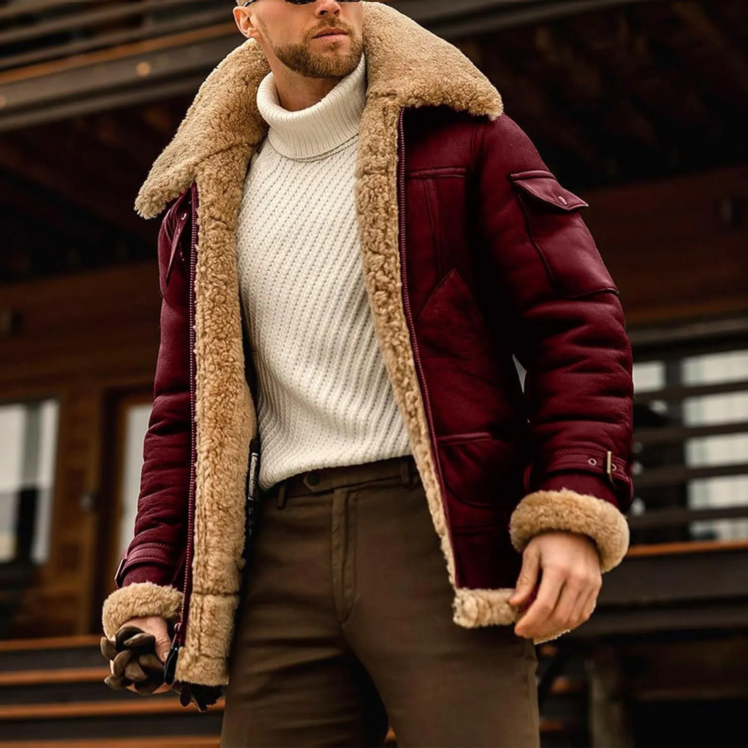 Mens Sherpa Lined Leather Jacket Suede Sherpa Shearling Faux Fur Leather Coat Winter Coat Fur Collar Jackets