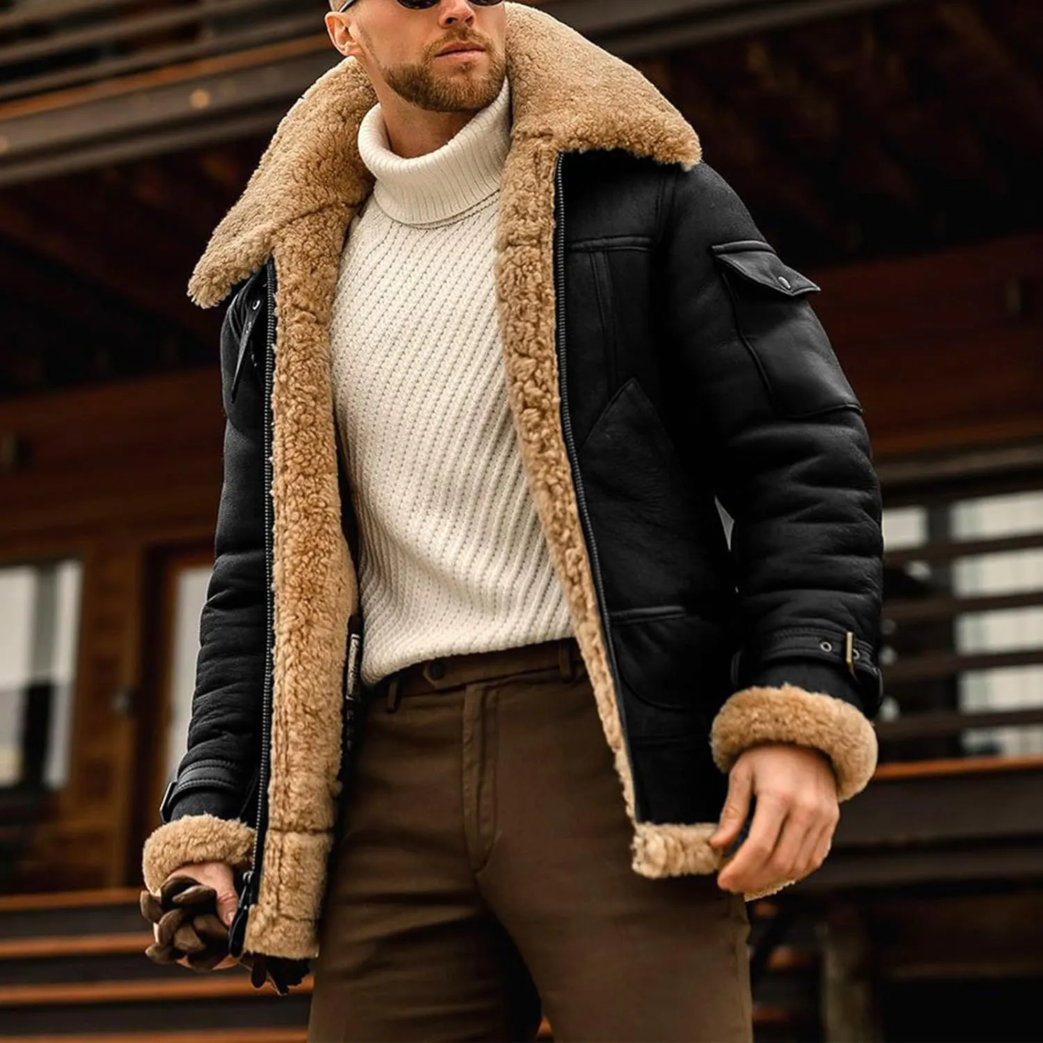 Mens Sherpa Lined Leather Jacket Suede Sherpa Shearling Faux Fur Leather Coat Winter Coat Fur Collar Jackets