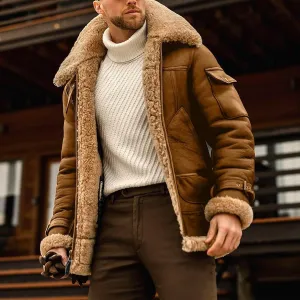 Mens Sherpa Lined Leather Jacket Suede Sherpa Shearling Faux Fur Leather Coat Winter Coat Fur Collar Jackets