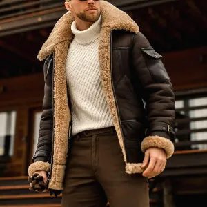 Mens Sherpa Lined Leather Jacket Suede Sherpa Shearling Faux Fur Leather Coat Winter Coat Fur Collar Jackets