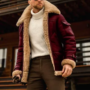 Mens Sherpa Lined Leather Jacket Suede Sherpa Shearling Faux Fur Leather Coat Winter Coat Fur Collar Jackets