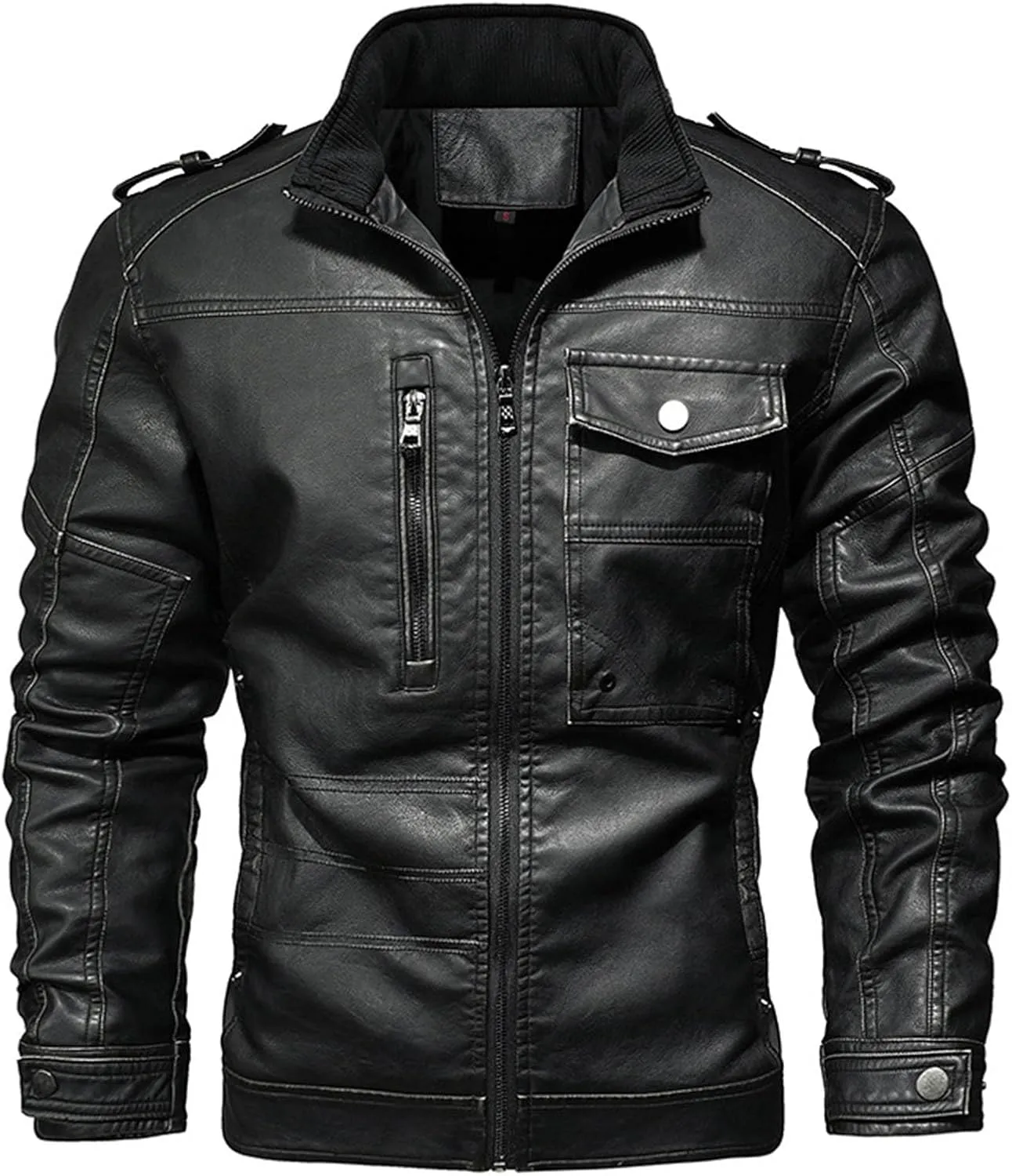 Mens Slim Fit Faux Leather Jacket Zip Up Windbreaker PU Leather Jackets Racer Motorcycle Biker Jacket with Pocket