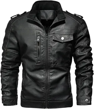 Mens Slim Fit Faux Leather Jacket Zip Up Windbreaker PU Leather Jackets Racer Motorcycle Biker Jacket with Pocket