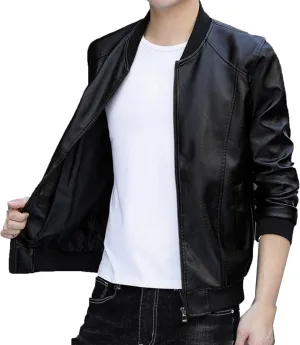Men's Stand Collar Leather Jacket Lightweight Faux Leather Motorcycle Jackets Black Long Sleeve Business Leatherwear