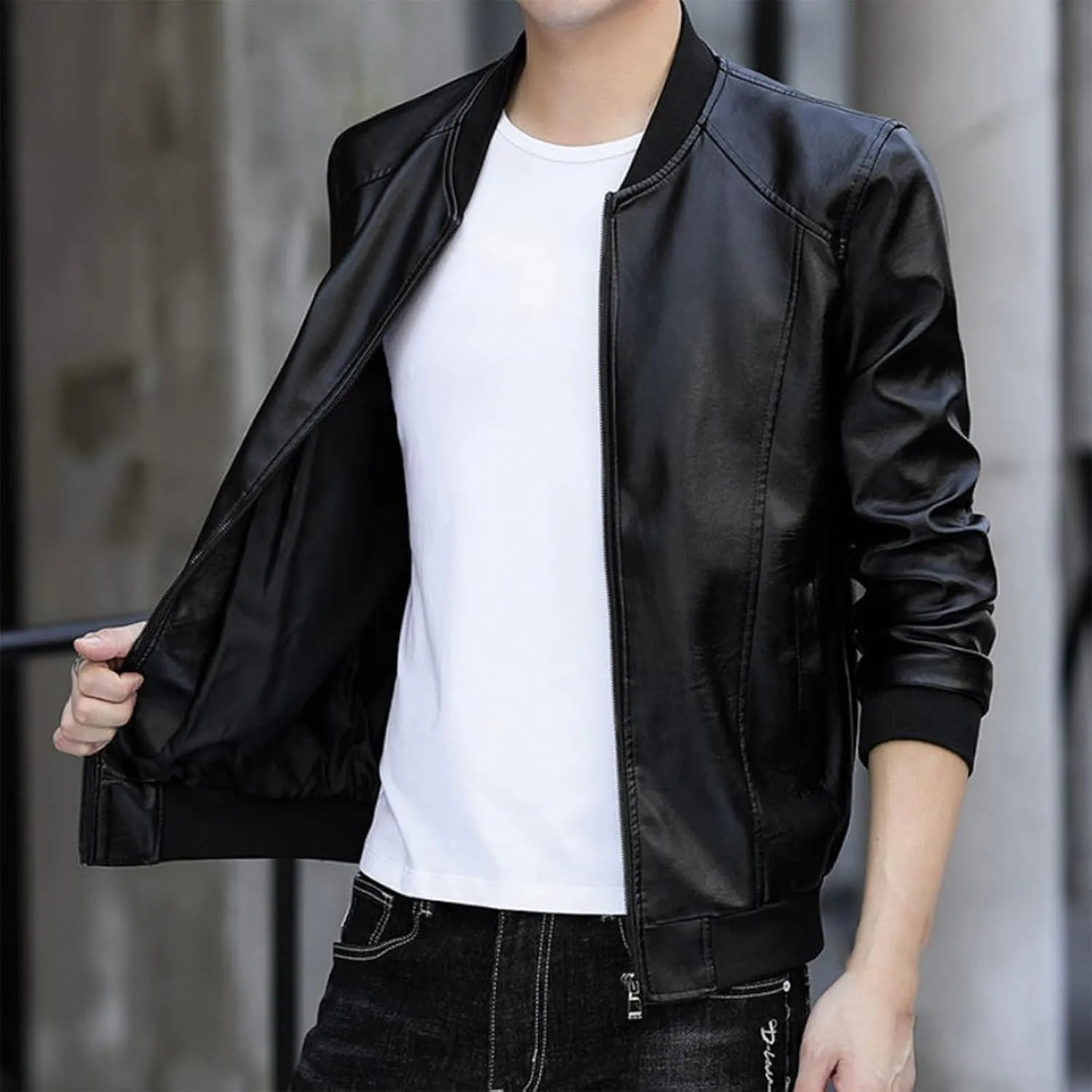 Men's Stand Collar Leather Jacket Lightweight Faux Leather Motorcycle Jackets Black Long Sleeve Business Leatherwear