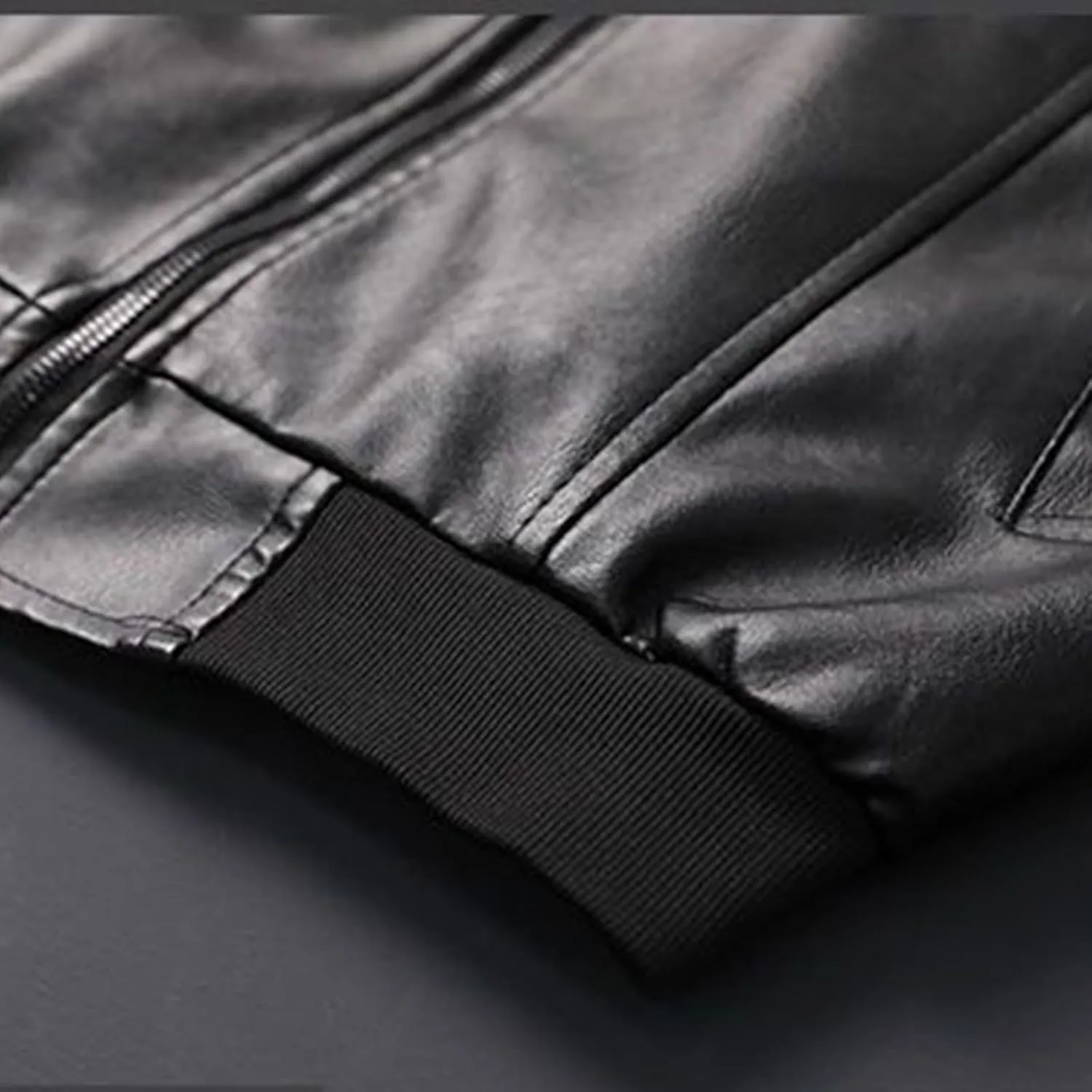 Men's Stand Collar Leather Jacket Lightweight Faux Leather Motorcycle Jackets Black Long Sleeve Business Leatherwear