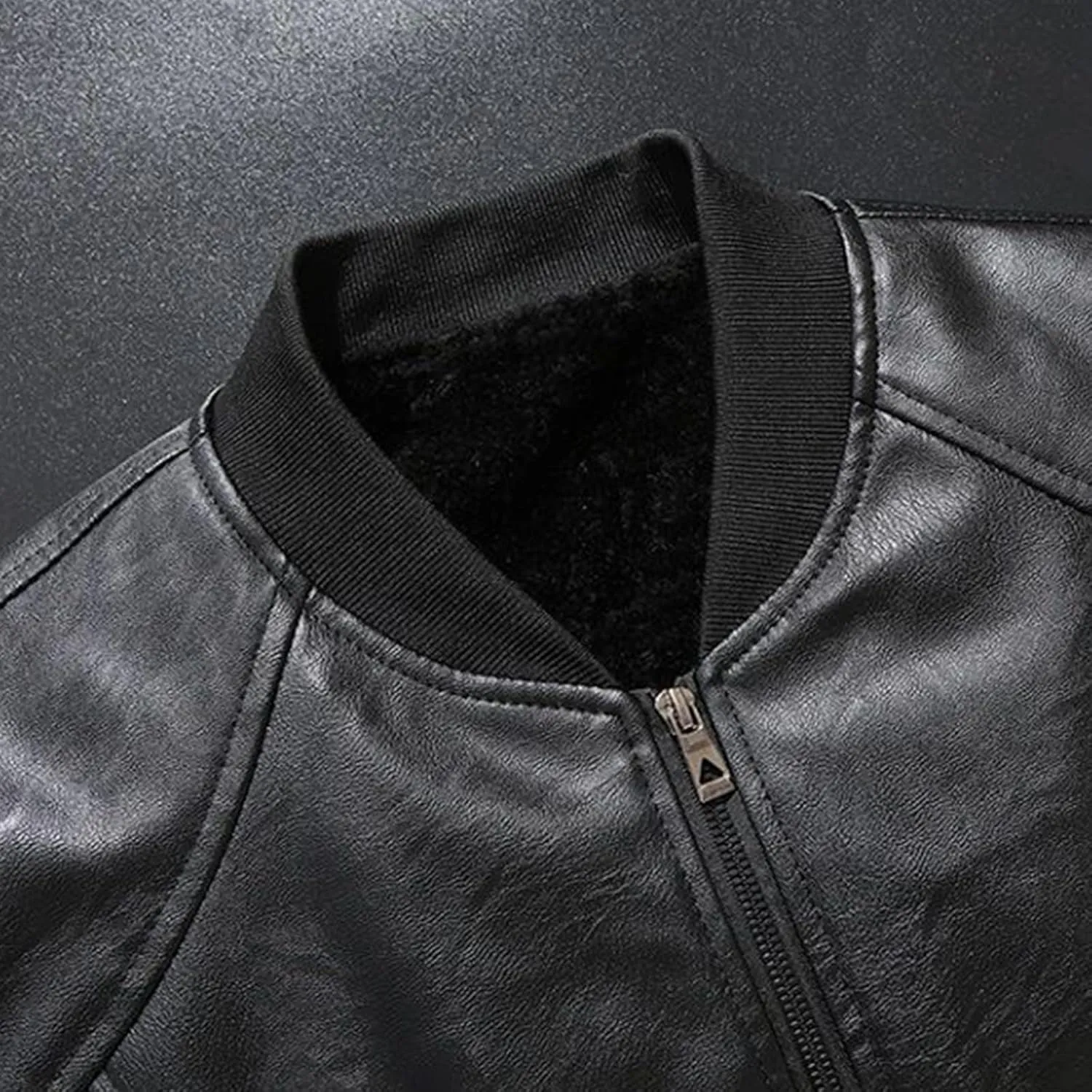 Men's Stand Collar Leather Jacket Lightweight Faux Leather Motorcycle Jackets Black Long Sleeve Business Leatherwear