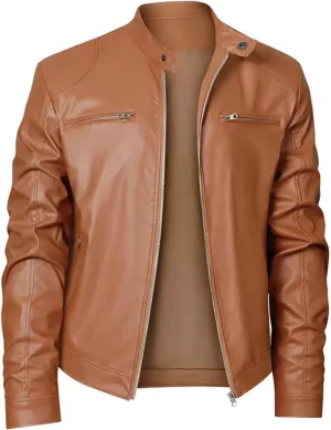 Mens Stand Collar Leather Jacket Motorcycle Lightweight Faux Leather Outerwear Long Sleeve Top with Zipper Pockets