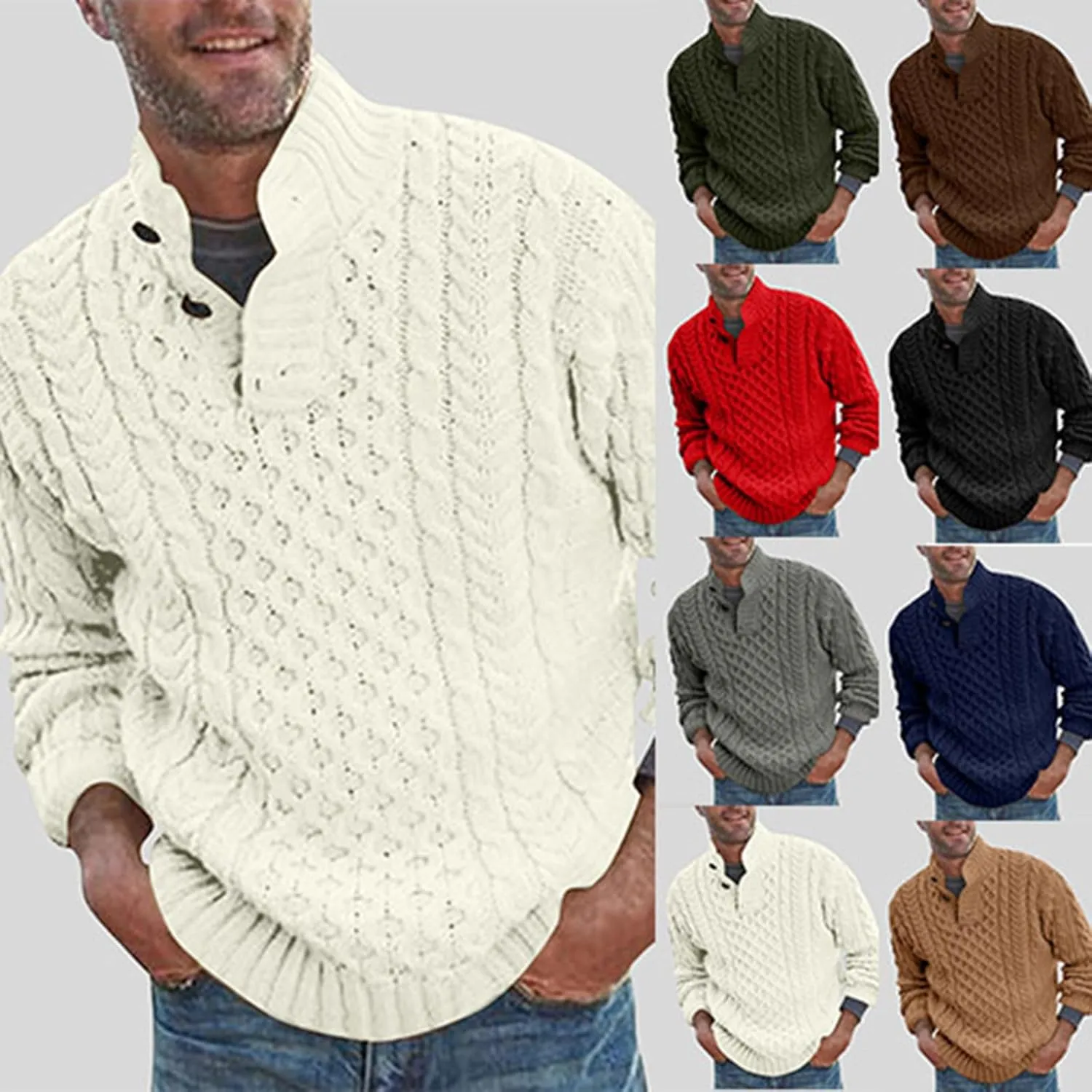 Mens Stand Collar Pullover Sweater Cable Knitted Chunky Fall Winter Fashion Buttons Twisted Thermal Cashmere Sweaters