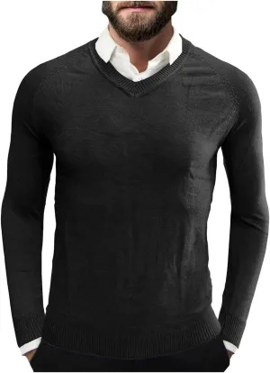 Mens Stretch Cotton V Neck Thermal Sweaters Lightweight Slim Fit Soft Merino Wool Classic Work Pullover Sweaters